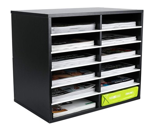 EasyPAG Mail Organizer Countertop, Wood Literature Organizer, Student Classroom Mailbox for School, Desktop Paper Sorter for Office Home, 12 Compartments, Black/White