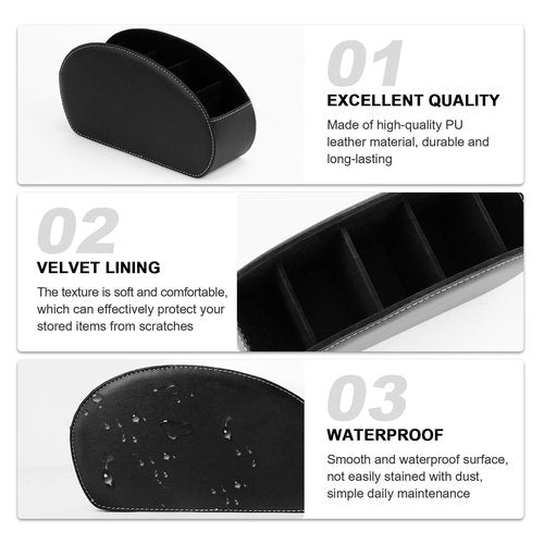 RETON 2 Pack Remote Control Holder with 5 Compartments, Black TV Remote Controller Caddy, PU Leather Desktop Remote Organizer Box for Media Nightstand Makeup Brush Office Supplies