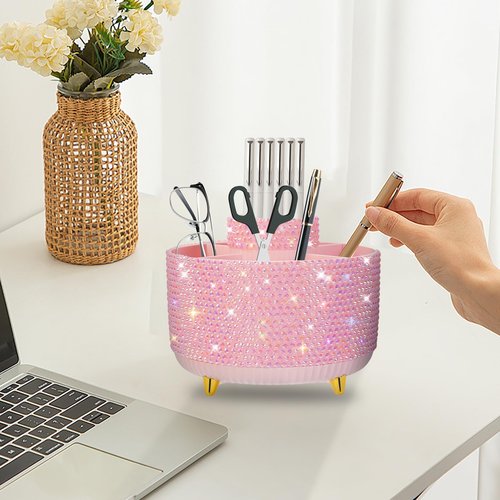 ENJIKAER Bling Pink Rhinestone Desk Organizer with 5 Slots 360 Degree Rotating, Bling Pen Holder Makeup Brush Holder for Women, Pink Rhinestone Office Accessories