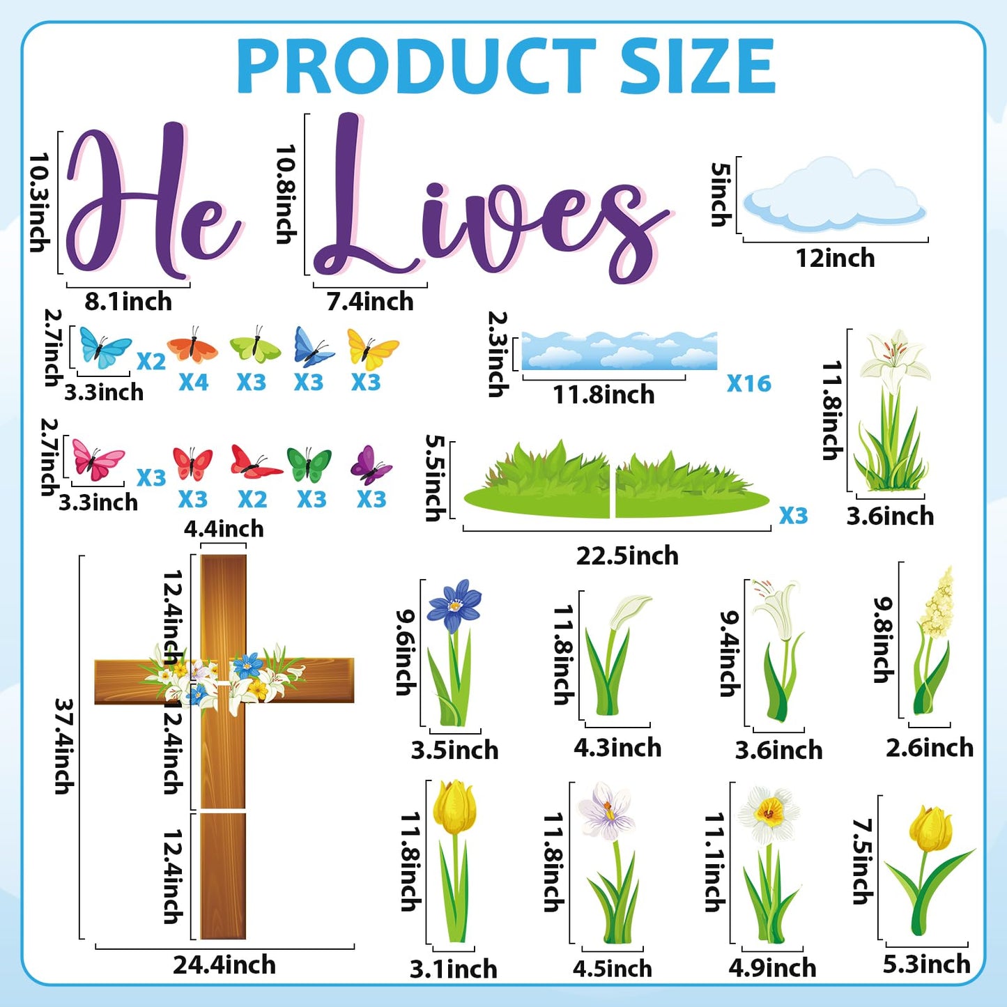 Easter Spring Bulletin Board Decoration Set He Lives Floral Cross Bulletin Board Borders Easter Butterfly Paper Cutouts Easter Christian Jesus Bulletin Boarder for Easter Spring School Classroom Decor