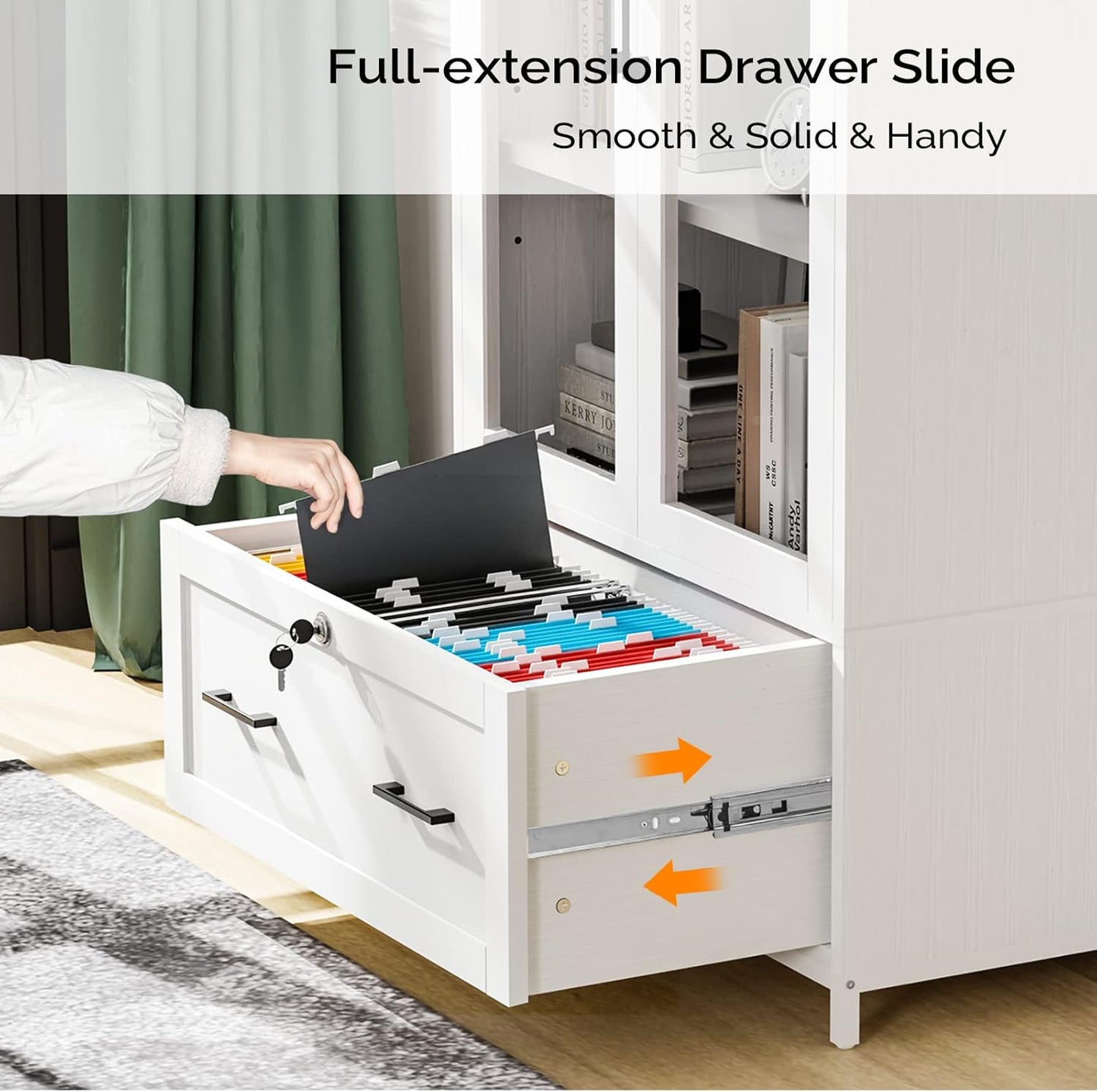 VINGLI Lateral File Cabinet - Glass Doors & Locking Drawer for Hanging Files | White, 30"W x 16"D x 55"H