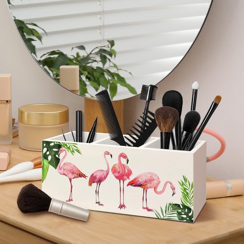 AQYIP Tropical Pink Flamingo Wood Makeup Brush Toothbrush Holder Organizer for Vanity Bathroom,Pink Flamingo Gifts for Women,Girly Aesthetics Wooden Pen Pencil Holder for Desk Accessories