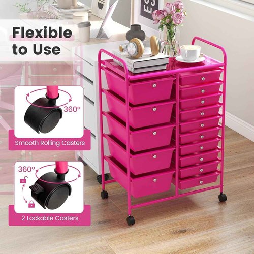 HOMGX 15-Drawer Storage Rolling Cart, Multipurpose Utility Storage Cart w/ 4 Lockable Wheels & Removable Drawers, Plastic Drawer Organizer for Office, Supermarket, Home, School (Hot Pink)