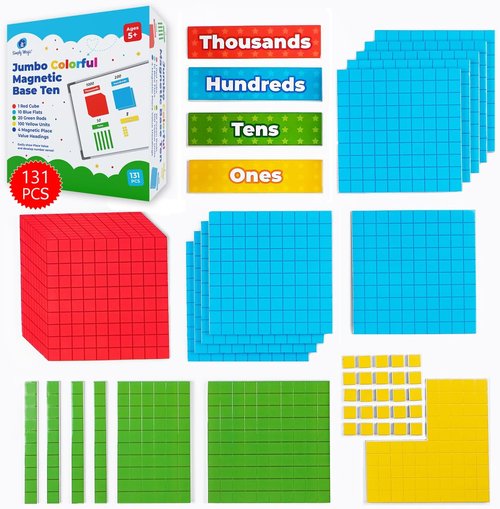 Simply Magic Jumbo Colorful Magnetic Base Ten Blocks - 131+4 PCS Math Manipulatives for Kids | Place Value Learning Tools