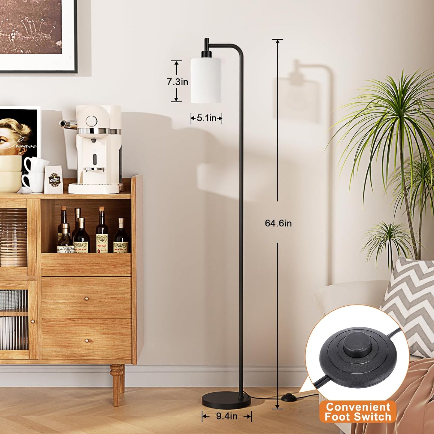Ziisee Floor Lamp - Modern Industrial Standing Lamp with Frosted White Glass Shade | Black Tall Design for Living Room & Office (LED Bulb Included)