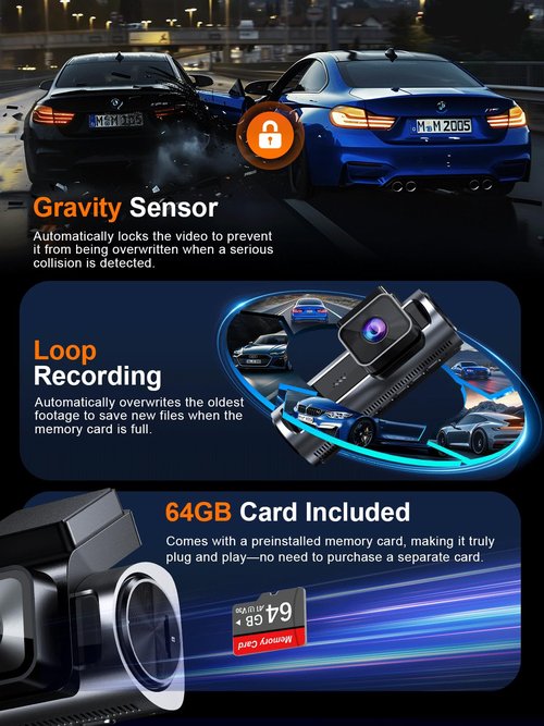 Nanoby 4K 3 Channel Dash Cam Front and Rear Inside, Built-in 5.8GHz WiFi GPS, 64GB Card Included, 4K+1080P+1080P Dash Camera for Cars, 3.18'' IPS Screen Dashcam with G-Sensor, 24H Parking Monitor