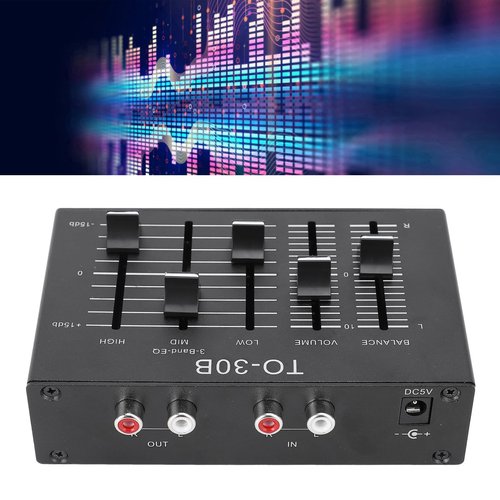 EQ Equalizer Stereo, 3 Band Sound Channel Balance, Volume Control Preamp with Isolated Power Supply for Speakers