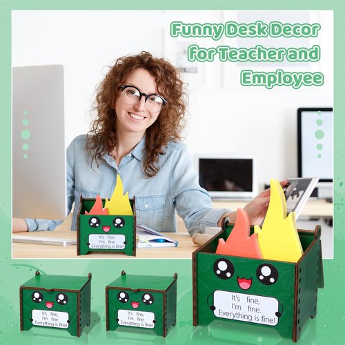 Sherr 6 Sets Dumpster Fire Pencil Holder with Flame Note Cards Emotional Support Gifts Dumpster Fire Desk Accessories Funny Employee Appreciation Gifts Bulk for Team Coworker Teacher Nurse (Green)