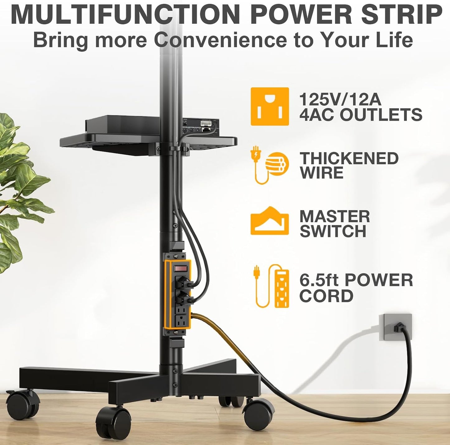 TVON Mobile TV Stand - Adjustable Rolling Cart with Power Outlet for 23-65 Inch TVs | Max VESA 400x400mm