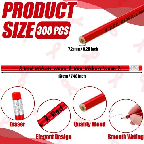 Fainne 300 Pcs Red Ribbon Week Pencils Bulk Red Ribbon Awareness Pencils for Students Teacher Drug Free Pencil with Erasers for Awareness Campaigns Supplies
