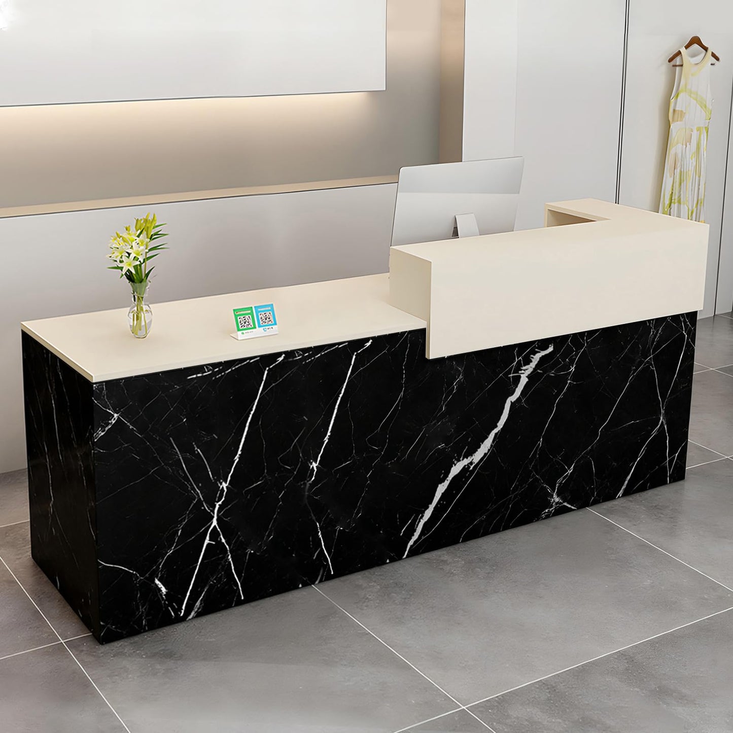 Modern Reception Desk with Drawer & Open Shelves, 39-95 Inch Front Counter Table, Computer Workstation Suitable for Salons, Offices, Lobbies, Retail Stores and Home Offices