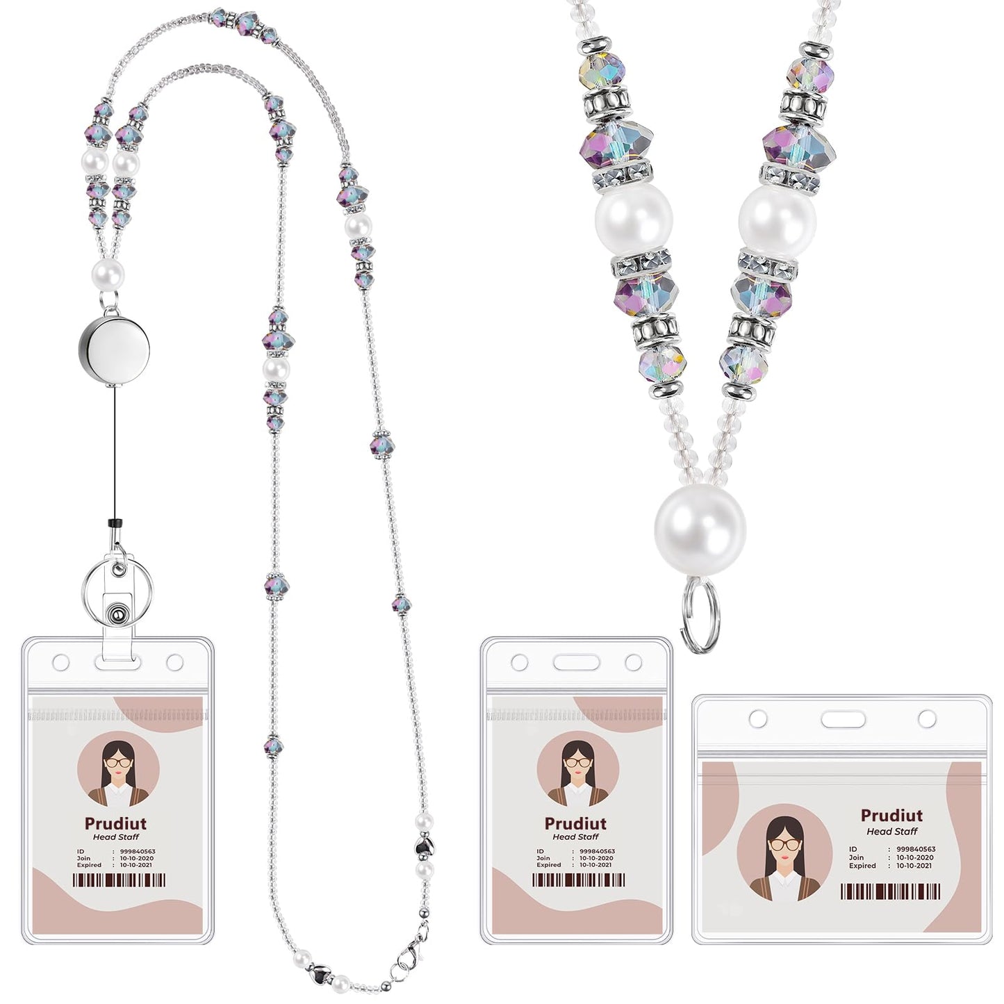 Teacher Lanyards for Id Badges and Keys, Beaded Badge Lanyard with Retractable Reel Pearl Necklace Cute Lanyards for Women