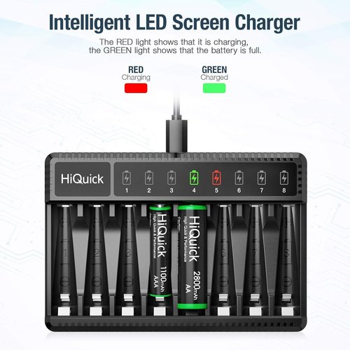HiQuick 8 Bay Battery Charger - High-Speed Charging for AA/AAA Ni-MH/Ni-CD Rechargeable Batteries | Type-C Cable Included