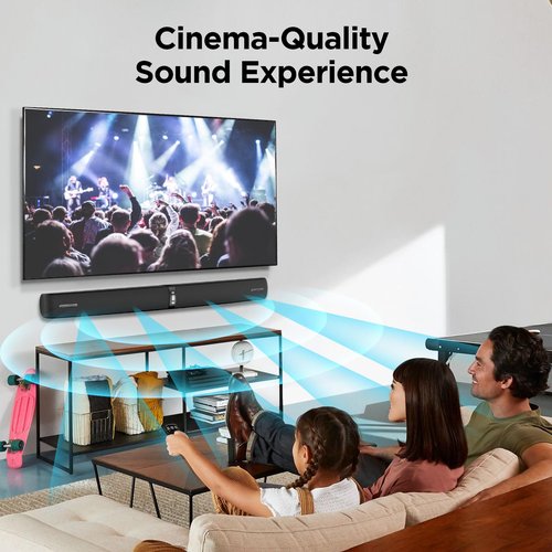 Assistrust Sound Bar for Smart TV,90W Soundbar with Bluetooth/ARC/Optical/AUX Connect, Auto Volume Boost, 3 Customizable Equalizer Modes, 2 in 1 Detachable Soundbar for TV/PC/Gaming/Projectors