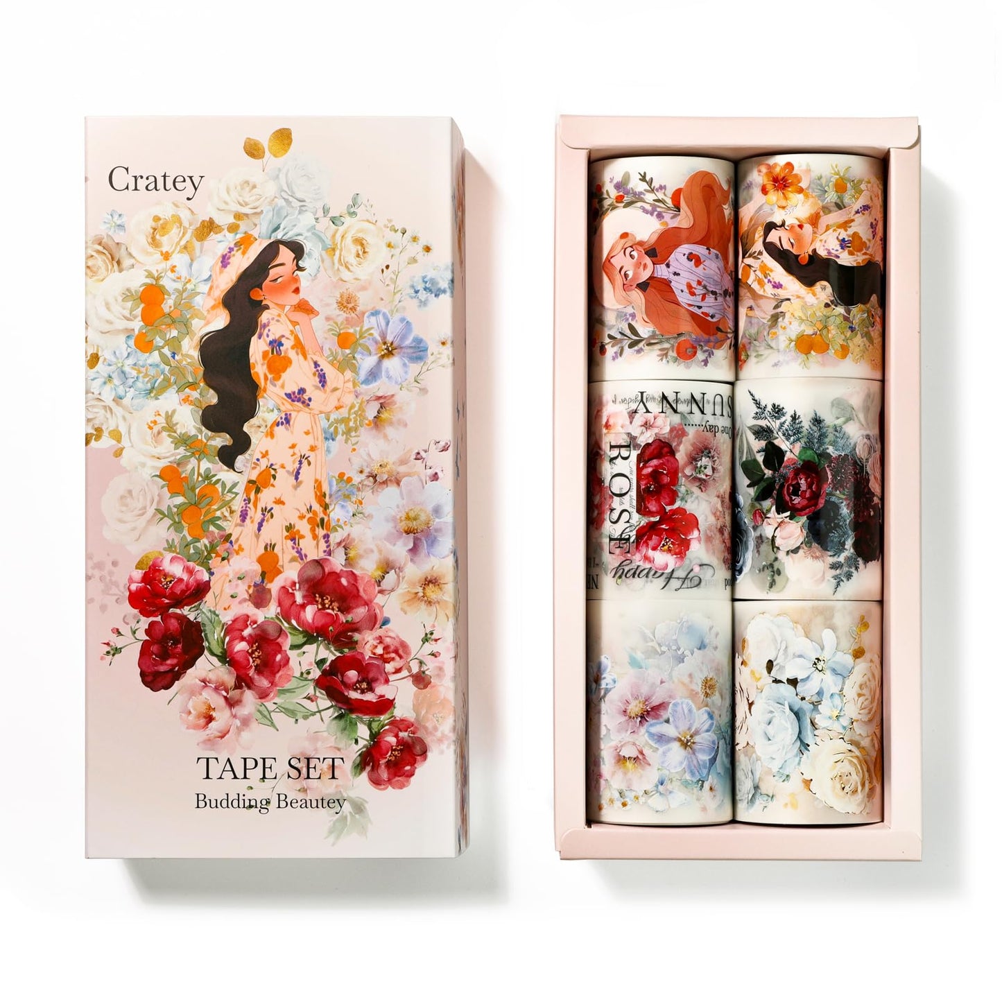 Cratey Floral PET Washi Tape Set - 6 Roll Wide PET Tape for Scrapbook Supplies,Character Decorative Girls Sticker,Flower Stickers, Bullet Journals Materials,Planner Arts Craft Collage