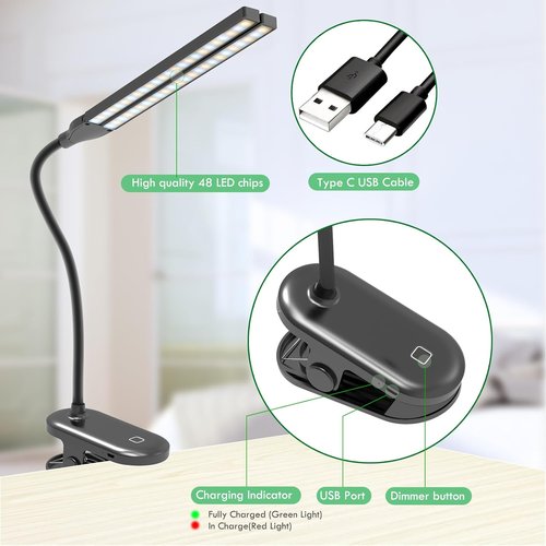 Deaunbr LED Reading Light - Clip-On Desk Lamp with 48 LEDs, USB Rechargeable, Adjustable Brightness - Black