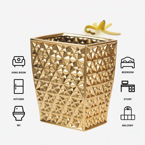 RXLVCKY Ceramic Gold Square Garbage Can Kitchen Trash Cans - Wastebasket, Garbage Container Bin for Bathroom, Bedroom, Kitchen, Home Office, and Kids Room, Holds Waste