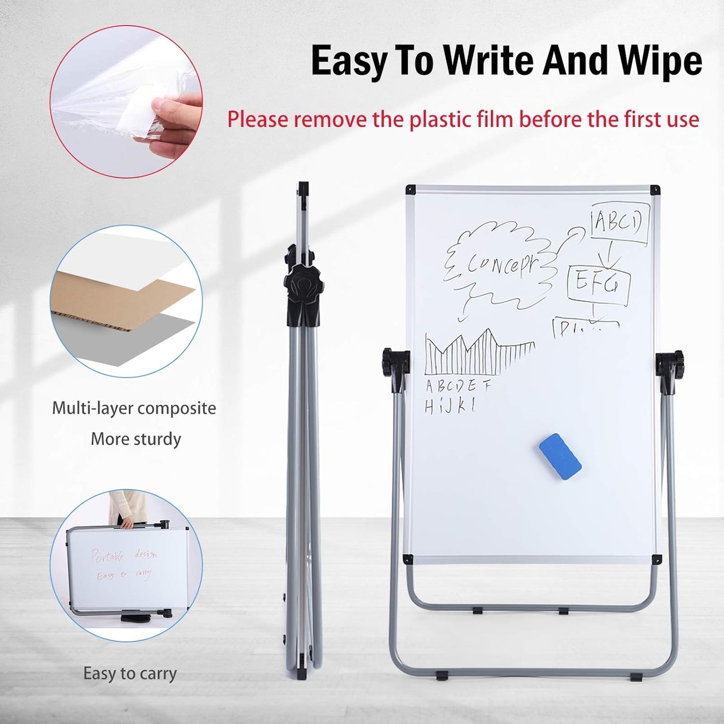 Stand White Board - Double-Sided Magnetic Dry Erase Board | Height Adjustable with Sturdy Aluminum Frame - 36 x 24 Inch