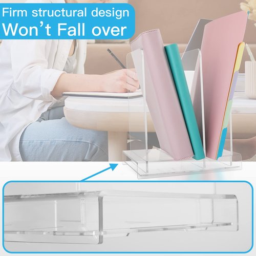 Homakover Acrylic Desk Organizer and File Organizer, 3 Slots Desktop File Organizer Standing Rack on Table for Magazines, Binders, Mails & CD Records Storage Holder with Detachable Dividers