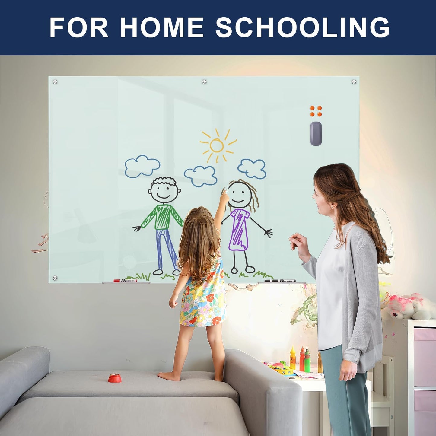 TSJ OFFICE Glass Dry-Erase Board - 72 x 48 Inches | Extra Large Frameless Magnetic Whiteboard for Home & Office
