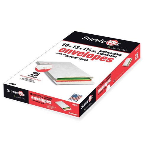 Quality Park Survivor Lightweight 14 lb Tyvek Open End 1.5" Expansion Mailers, 13 1/2, Square Flap, Redi-Strip Closure, 10 x 13, White, 25/Box