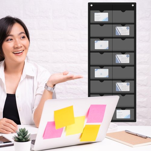 AmazingSpark 2 Pack 2 Pack 3'' x 5'' Index Card Holder Sleeve 16 Slot Plastic Organizer Hanging Wall Mount Business Note Cardholder PVC Clear Organizer Pocket for Classroom Office Library Home (black)