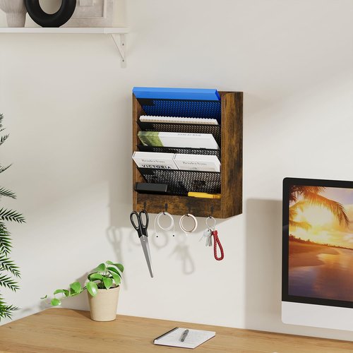 VYUOL Wall File Organizer with 4 Hooks,5 Tier Vertical Hanging Wall Mount File Holder,Desk File Organizer,Desktop Mail Paper Folder Holder Rack with Bottom Tray for Office and Home