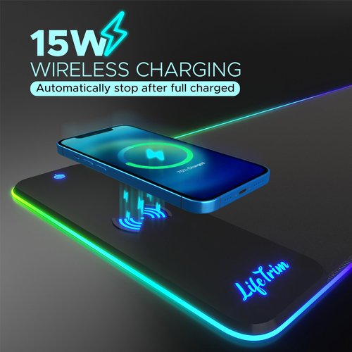 LifeTrim Wireless Charger LED Mousepad 35.5 x 12 Inch RGB Gaming Mouse Pad 10 Light Modes 4mm Thick Large Desk Pad Wireless Charging Cool Mouse Pad for PC Accessories & Gaming Gifts