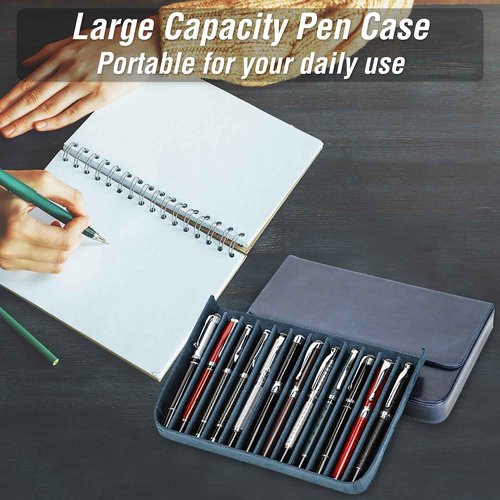 CataPurus Top Grain Genuine Leather 12 Pen/Pencil Tray Case Organizer, Solid Fashion Design No Logo, Handmade, Magnetic Closure with Drawer, Gift Choice for Man/Woman/Office, Glossy Black, 12 Slots