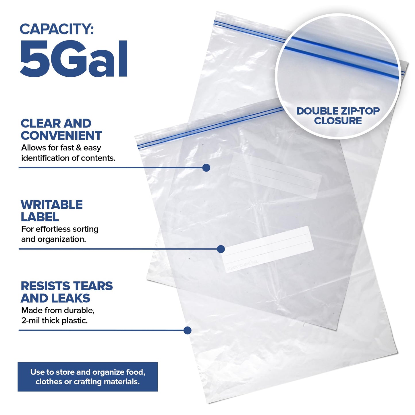 Zipper Storage Bags, (Pack of 12) 5 Gallon Resealable Food Storage Bag, Extra Large Zip Top Bags, Great Storage for Food, Clothing, Office Supplies & Travel Essential, 2 Mil Thick, Size 18"x 24"