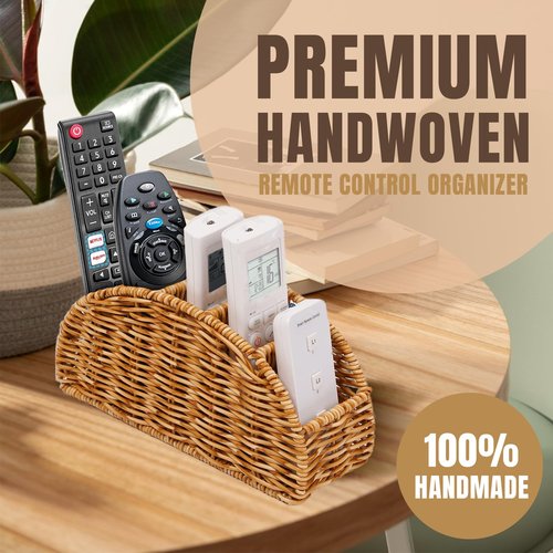 Stylish Rattan Desk Organizer Set: Cable Management Box and 5-Slot Remote Control Caddy for Home Office