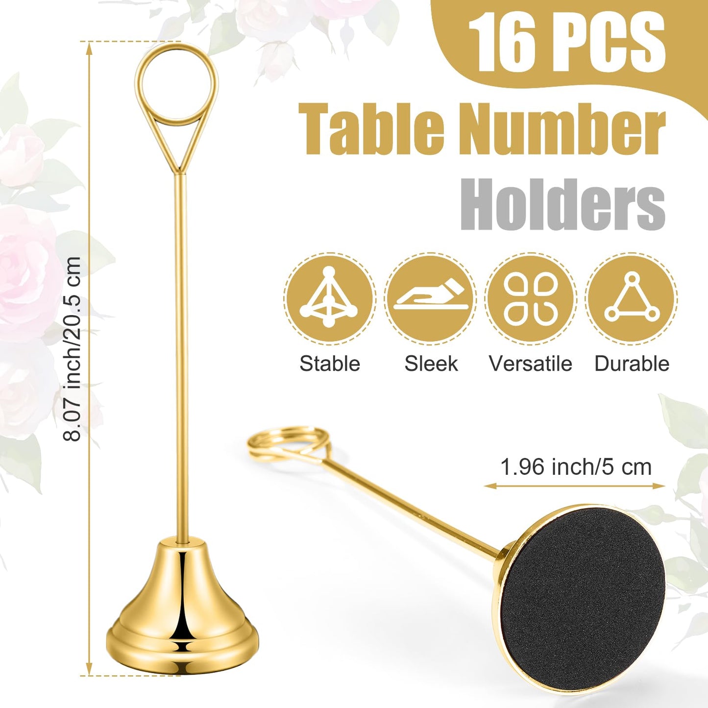 Marspark 16 Pcs Table Number Holders 8'' Metal Place Card Holders Weddings Table Sign Menu Memo Note Picture Photo Round Clip Weighted Base Stand for Anniversaries Birthdays Restaurants(Gold)