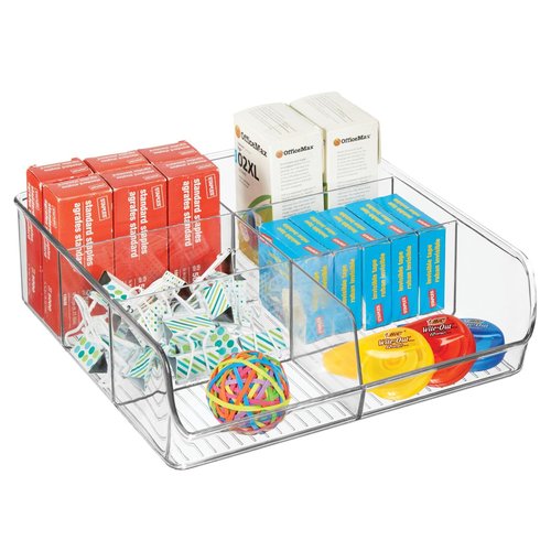 mDesign Plastic Home Office Wide Bin Organizer with 6 Compartments for Cabinets, Closets, Drawers, Desks, Tables, Workspace - Staple, Notepad, Paperclip Holder - Ligne Collection - 2 Pack - Clear