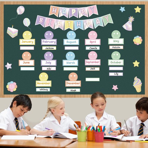 Pastel Smile Face Birthday Bulletin Board Set Happy Face Classroom Bulletin Board Decors Happy Birthday Nameplates Cake Paper Cutouts for Back to School Classroom Chalkboard Wall Door Teacher Supplies