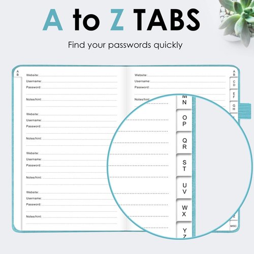 Elegant Password Book - Hardcover Organizer with Alphabetical Tabs & Notes Section | 5.2" x 7.6" (Turquoise)