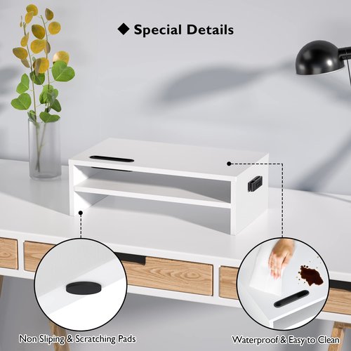 BONTEC Wooden Monitor Stand Riser, 2-Tier Desk Shelf with Storage Organizer, Ergonomic Computer Stand with Cable Management, Cellphone Holder, White, 16.5 Inch