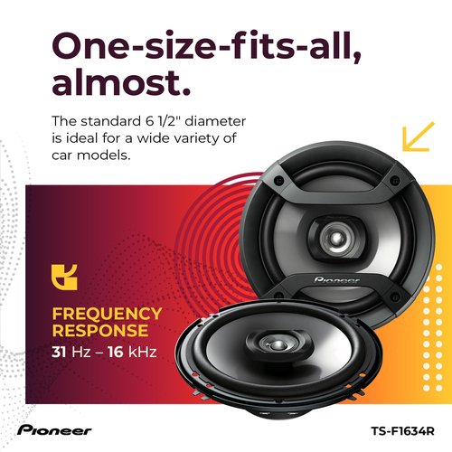 Pioneer F-Series TS-F1634R 6.5” 2-Way Speakers (Pair) – 200W Max, Balanced Sound + Smooth Treble, Great Stock Replacement, High-Efficiency Speaker Designed for OEM Power