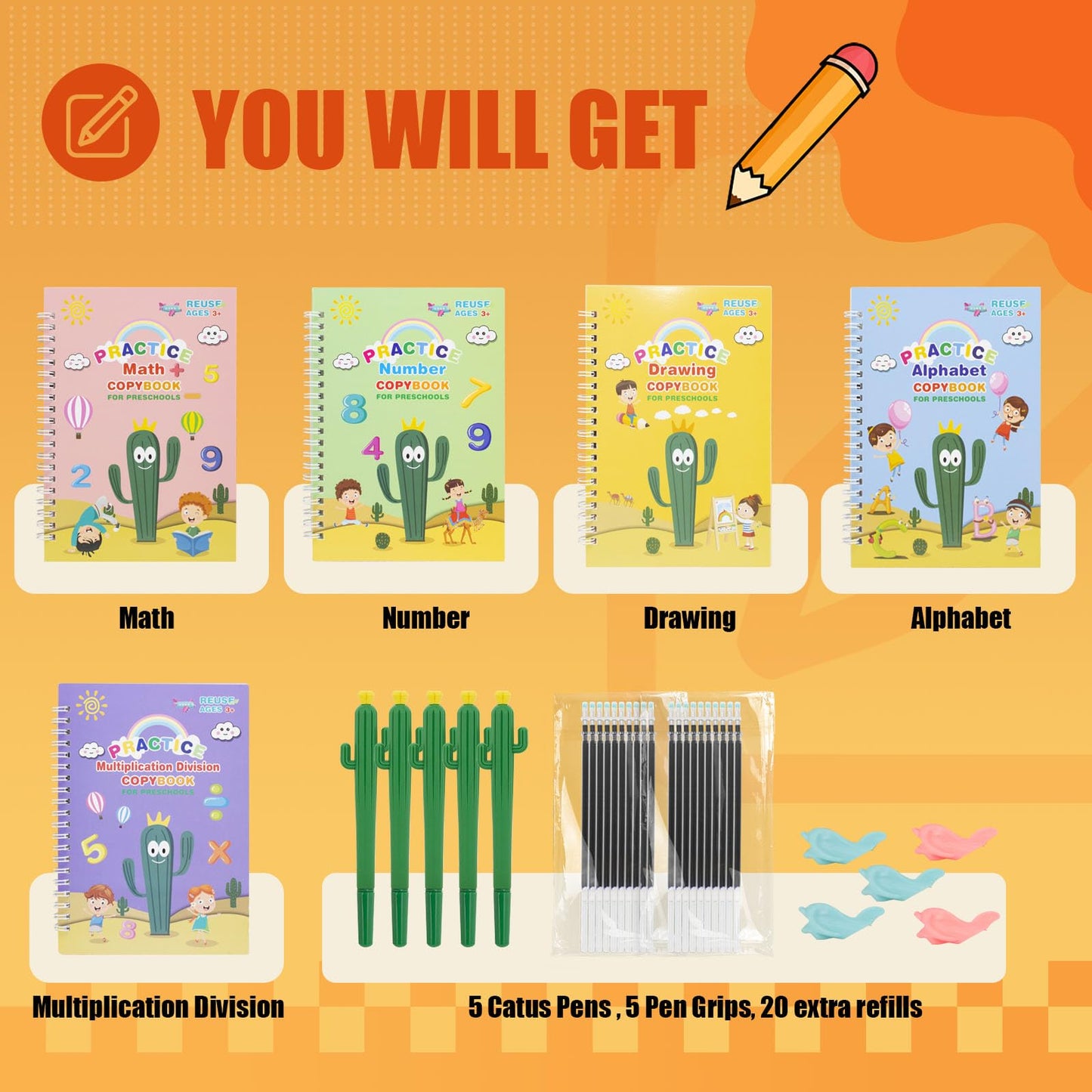 Reusable Magic Copybook for Kids, Large Grooved Handwriting Practice with Pens 5 Large copybooks (7.3x10.3in), Magic Ink Fades Automatically for Reuse, Includes Cactus pens & Bag, Great for Ages 3-8