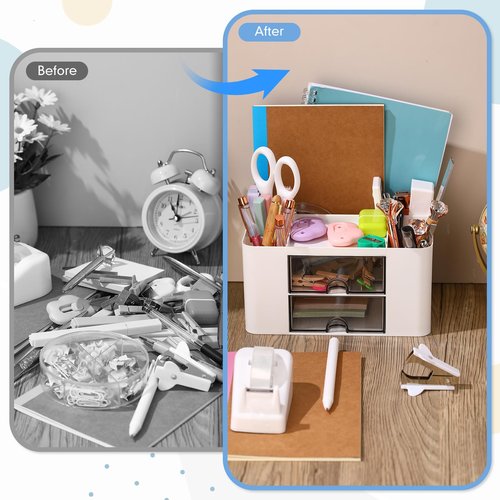 AmazingSpark 11 Pcs White Office Supplies Set Multi-functional Pen Organizer and Accessories with Tape Holder, Stapler, Staple Remover, Staples, Tape, Clips Set, Ruler, Scissor, Pen, Sticky Notes