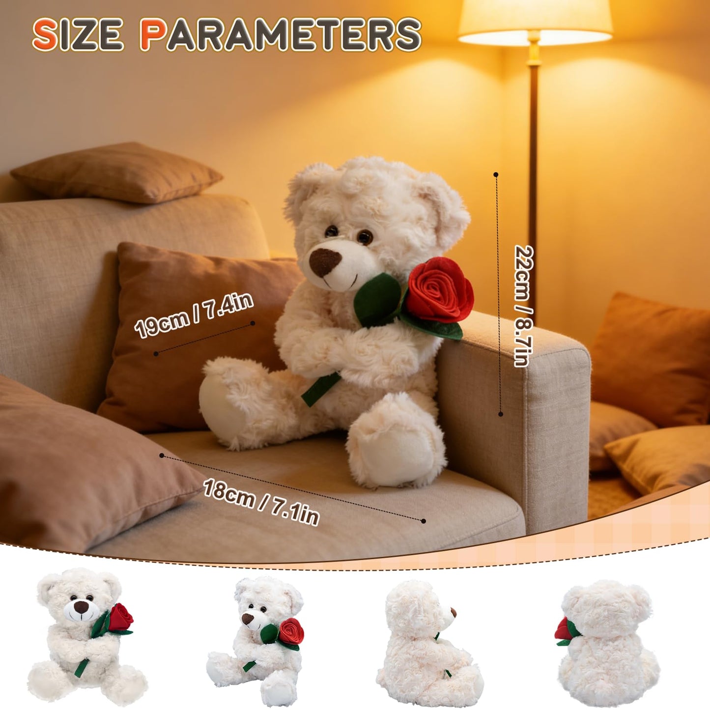 Bakalizoo 12'' Stuffed Teddy Bear Dolls with Rose, Soft Plush Animal Toys for Her/Girlfriend Lover Mom Kids Gifts (White/Rose)