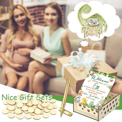 Wenqik 63 Pcs Baby Shower Guest Book Alternatives Set Baby Shower Decorations with Photo Frame Sonogram Frame Keepsake 60 Wood Slices Guest Book for Birthday(Dinosaur)