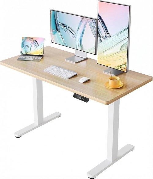 HUANUO Electric Standing Desk - 55 x 24 Inch Height Adjustable Computer Desk with Storage Bag | Light Walnut Finish