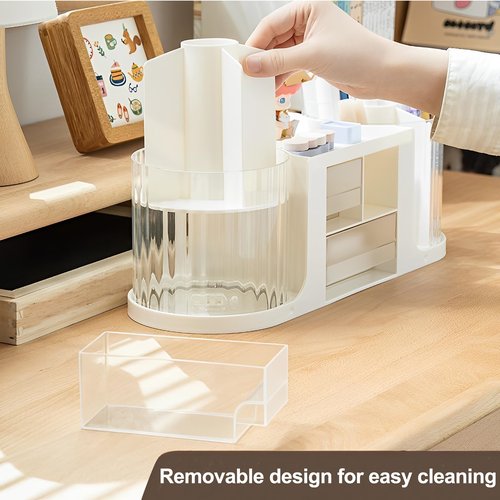 INSTOME Rotating Desk Organizer with 2 Pen Holders & 3 Drawers – All-In-One Multifunctional Storage with Butterfly Sticker for Office, School, or Home | Neutral Beige & Cream Aesthetic