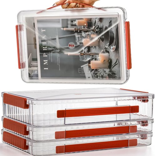 Mezchi Set of 3 Portable Paper Storage Box Organizer, 9" X 14" Clear Plastic File Storage Box with Lids, Stackable Document Box Project Case for Organizing A4 File Paper, School Supply, Craft