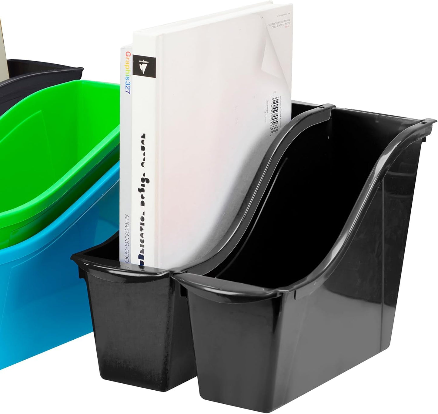 Storex Small Book Bin - Interlocking Plastic Organizer for Home & Office - Black, 6-Pack