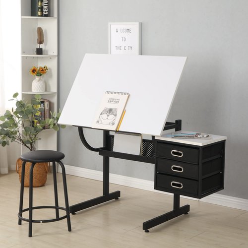 Acosure Adjustable and Extendable Drafting Table with 3 Drawers & a Stool,Desk W/Compartments & Trays,for Home,Office,School,Easy to Assemble,White
