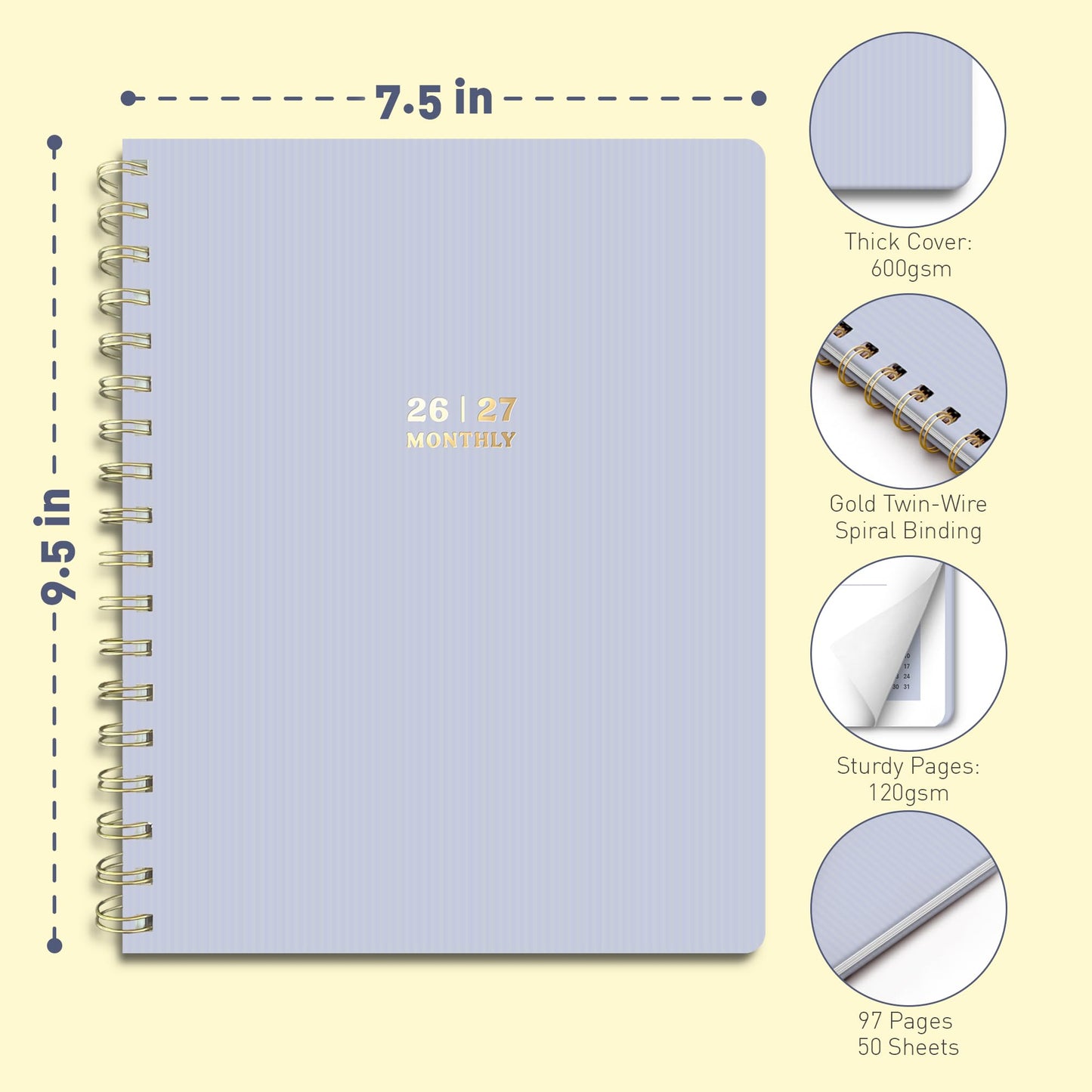 Sweetzer & Orange 2026-2027 Monthly Planner Notebook – 7.5" x 9.5" Two-Year Calendar Planner – January 2026 to December 2027 – Clean Monthly Layout, Sturdy 120gsm Paper, Gold Spiral Binding