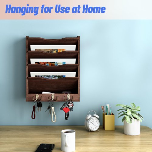Senhoglb 5 Tier Hanging Wall File Holders Letter Size Wall File Organizer Wood Mail Organizer with 6 Hooks, Brown