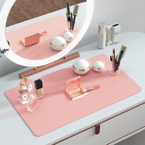 Dual-Sided Makeup Vanity Mat Pink and Silver,Non Slip Vanity Cover Pink Desk Mat to Protect Table 31.5 x 15.8 inches, Waterproof Oilproof Leather Nail Table Mat
