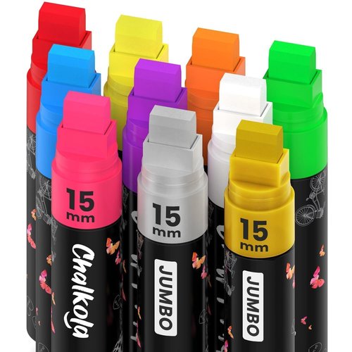 Chalkola Neon Car Window Markers - 10 Chalk Pens (with Gold, Silver) - 3 in 1 Nib, 15mm Jumbo Tip - Washable Liquid Chalk Markers for Blackboard, Chalkboard, Glass, Cars - Erasable Window Glass Pens